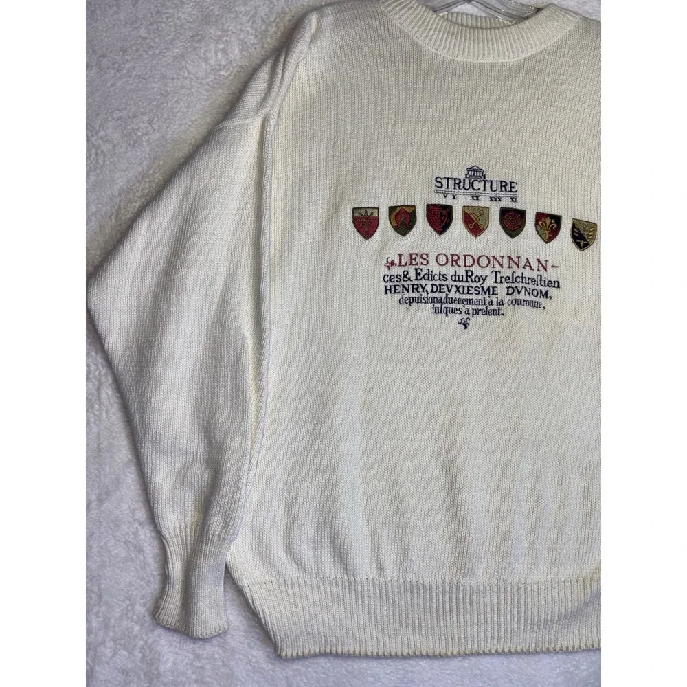 Vintage Structure Mens XL Cream Knit Sweater Heraldic Crest Embroidered Cotton